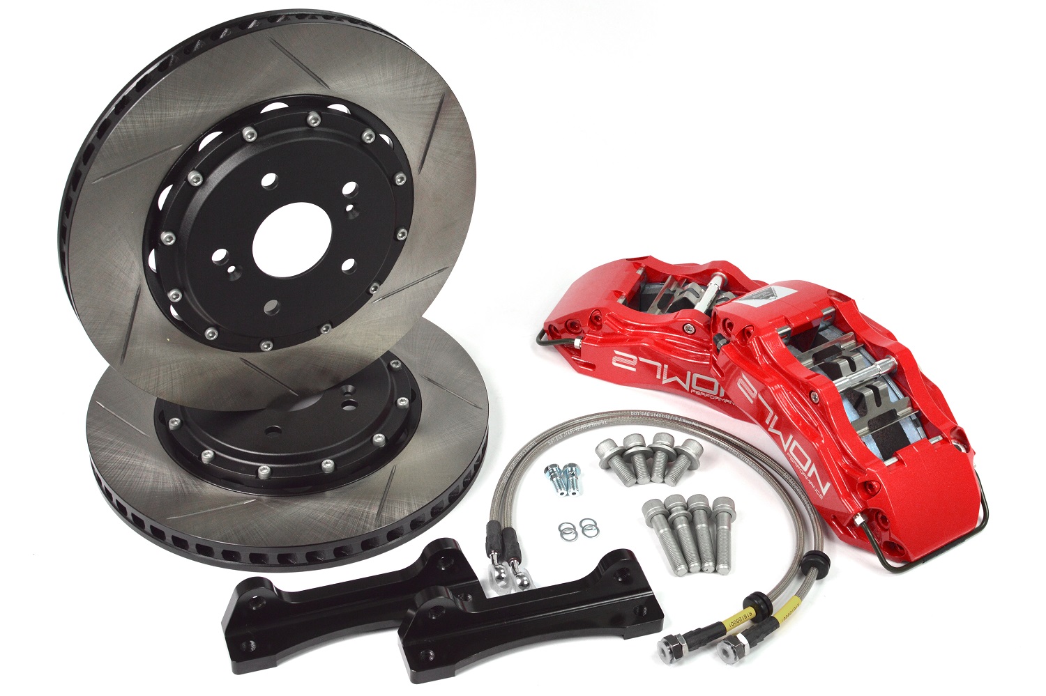 Front calipers, rotors, lines, and hardware make this a complete front Big Brake Kit for your AP1 & AP2 Honda S2000