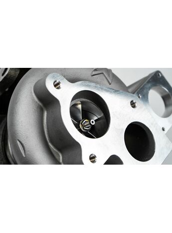 The 6x6 billet compressor wheel is designed to optimize the air coming into the larger cover