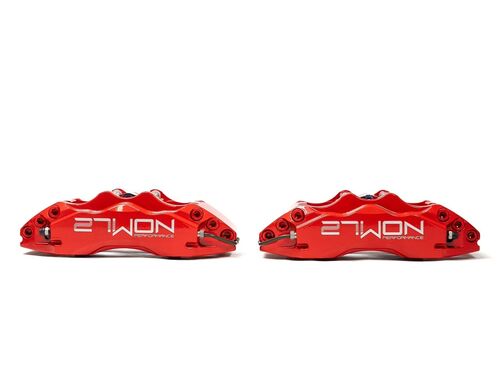 Big 6-piston aluminum calipers make up the brunt of our kit