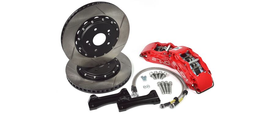 Front calipers, rotors, lines, and hardware make this a complete front Big Brake Kit for your AP1 & AP2 Honda S2000